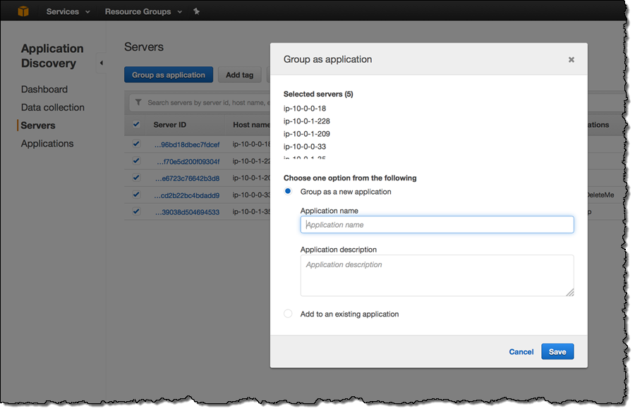 Screenshot of the AWS Application Discovery service with a settings modal open