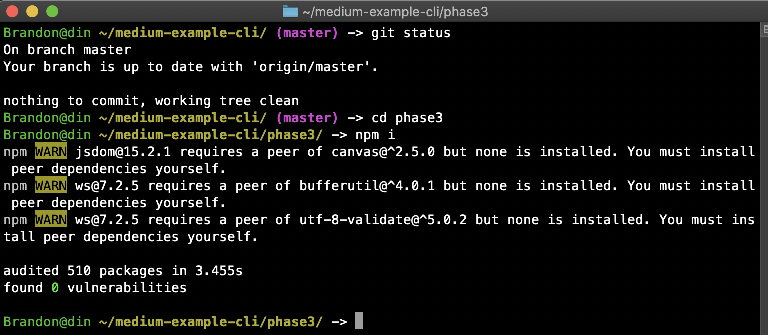 Terminal window with output from CLI commands