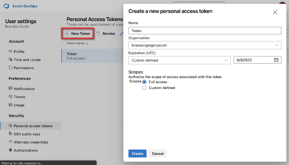 Create a new personal access token for publishing