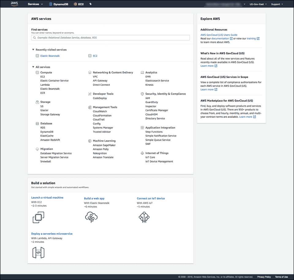 Screenshot of the AWS Management Console landing page.